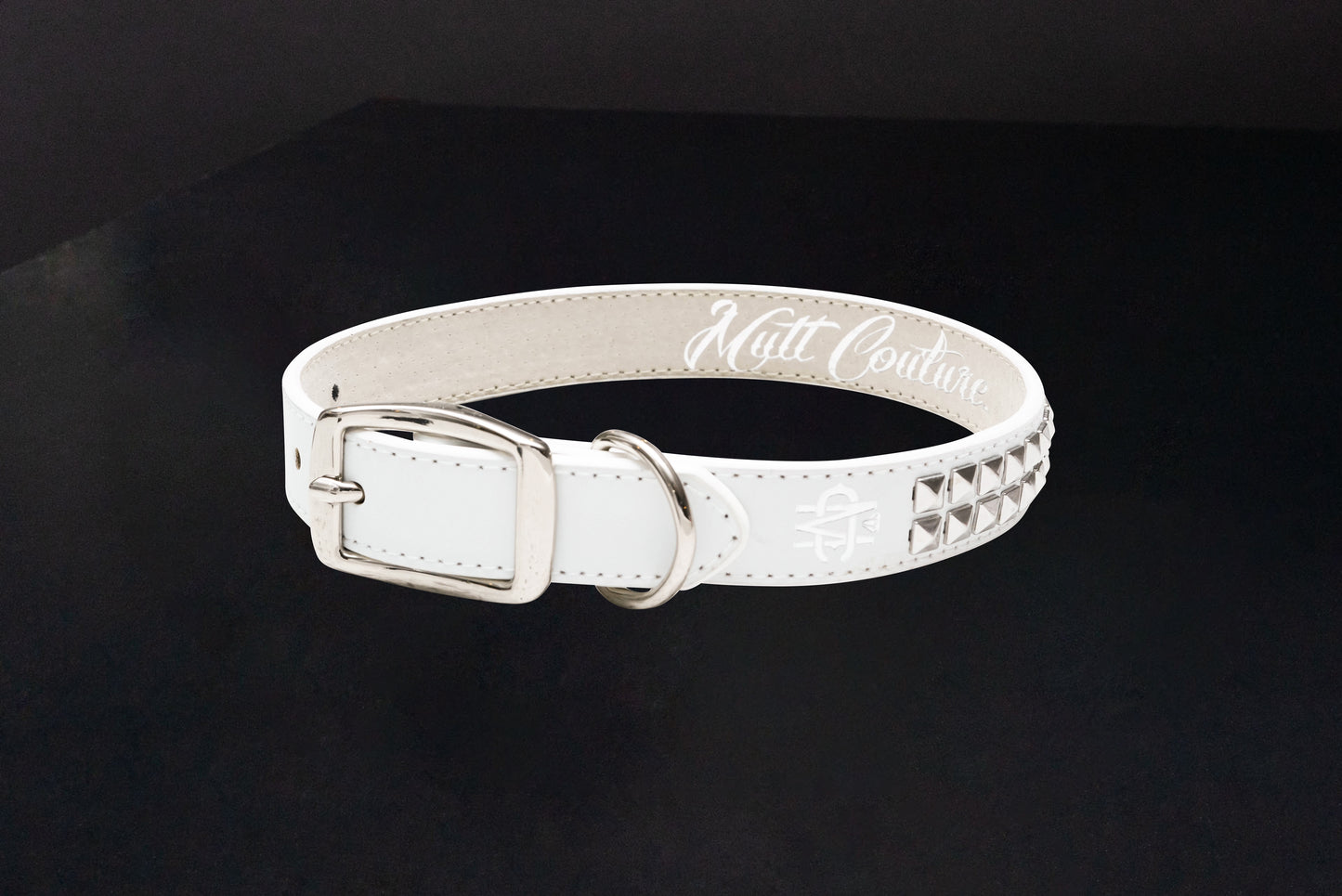 White Leather Dog Collar with Chrome Studs