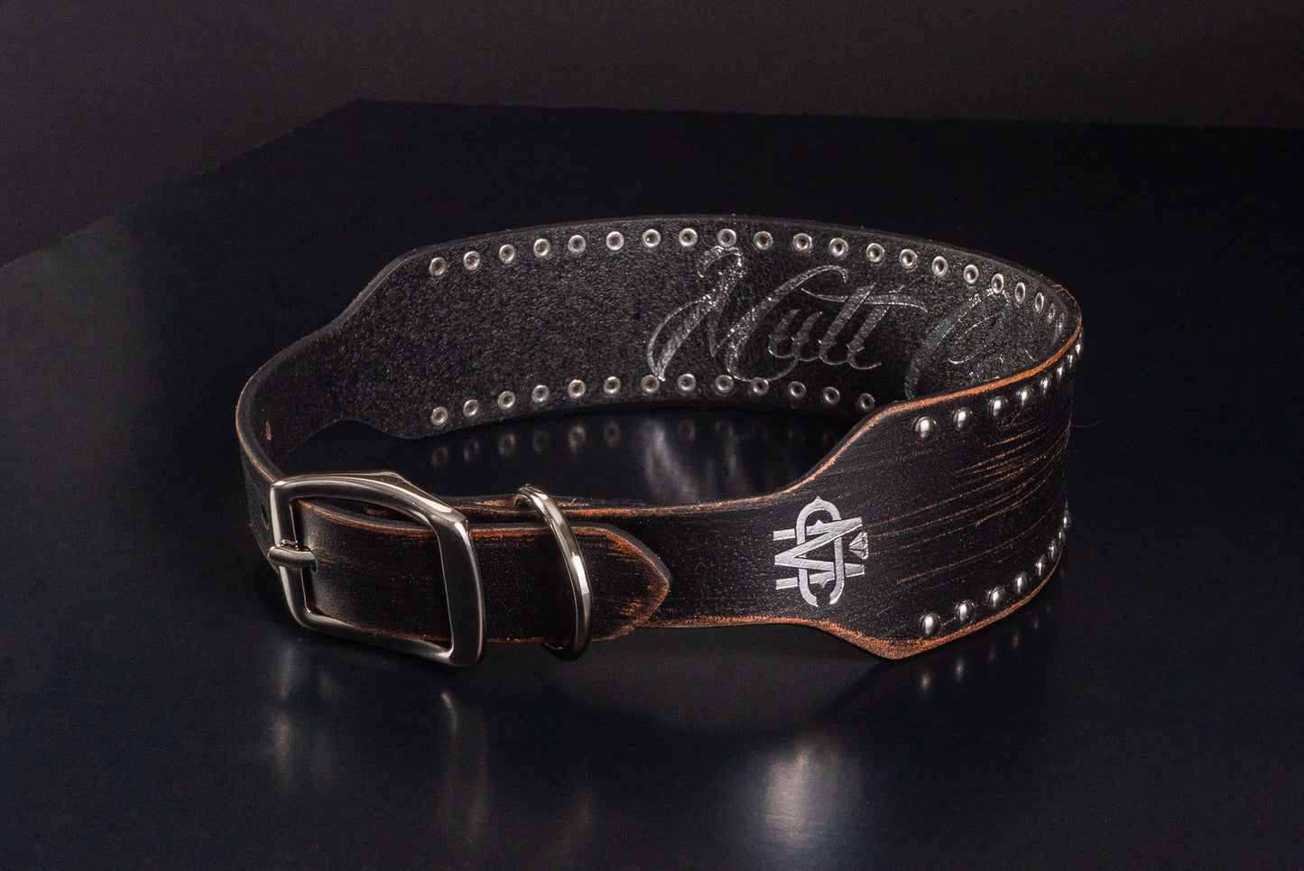 Distressed Leather Dog Collar With Silver Nailheads