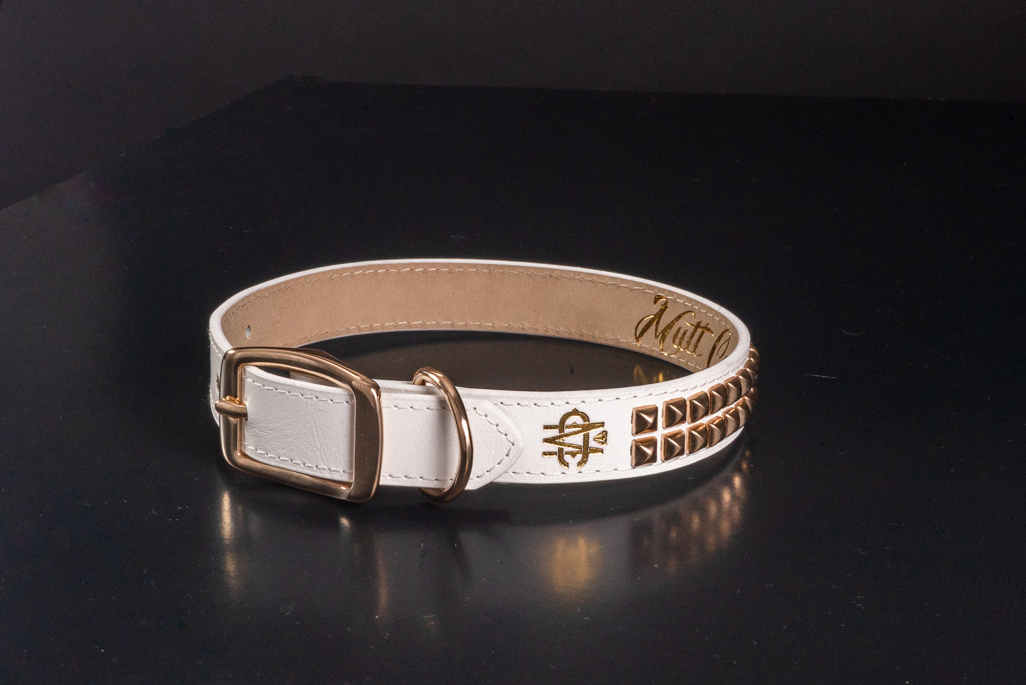 White Leather Dog Collar With Gold Studs