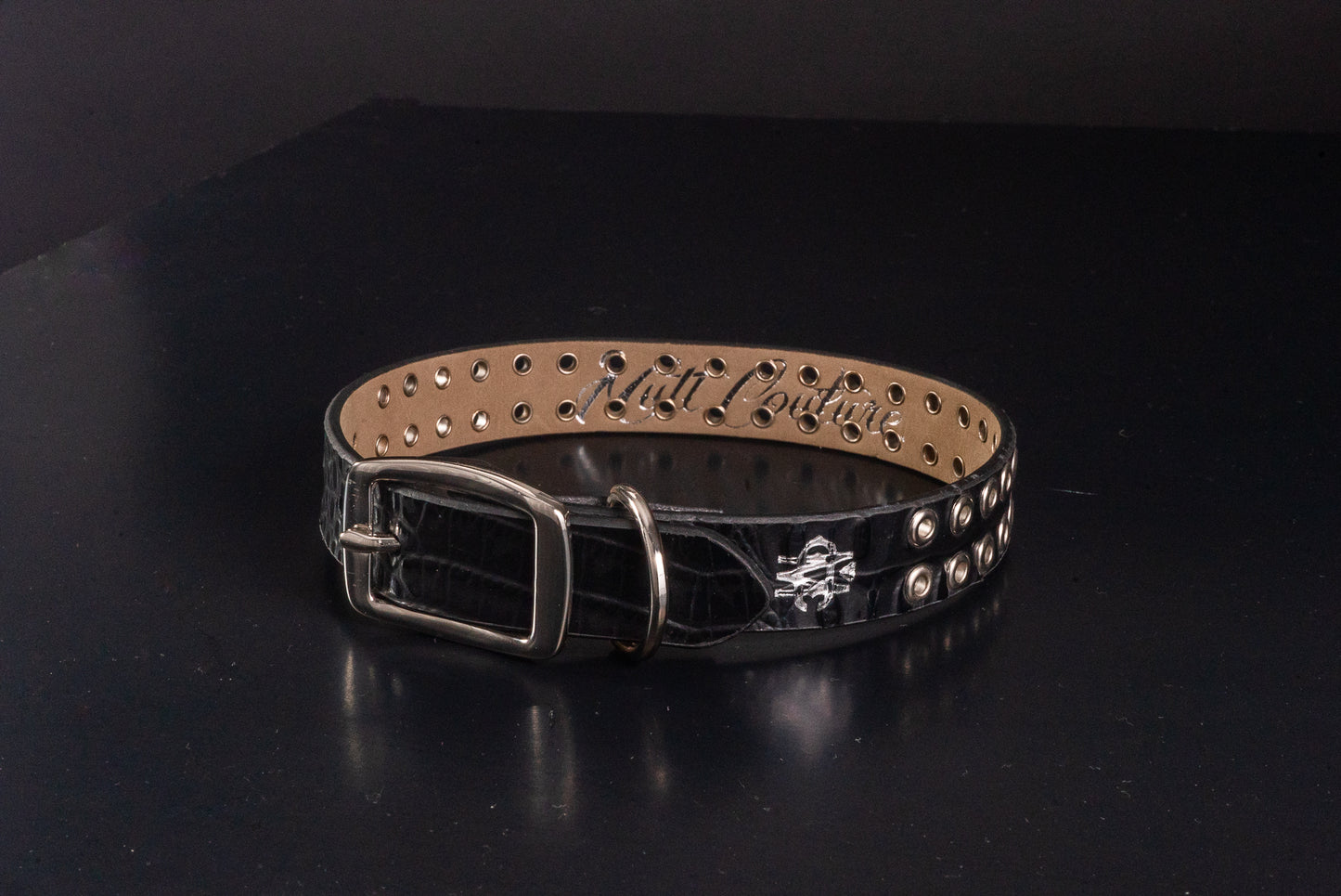 Faux Black Croc Dog Collar With Chrome Eyelets