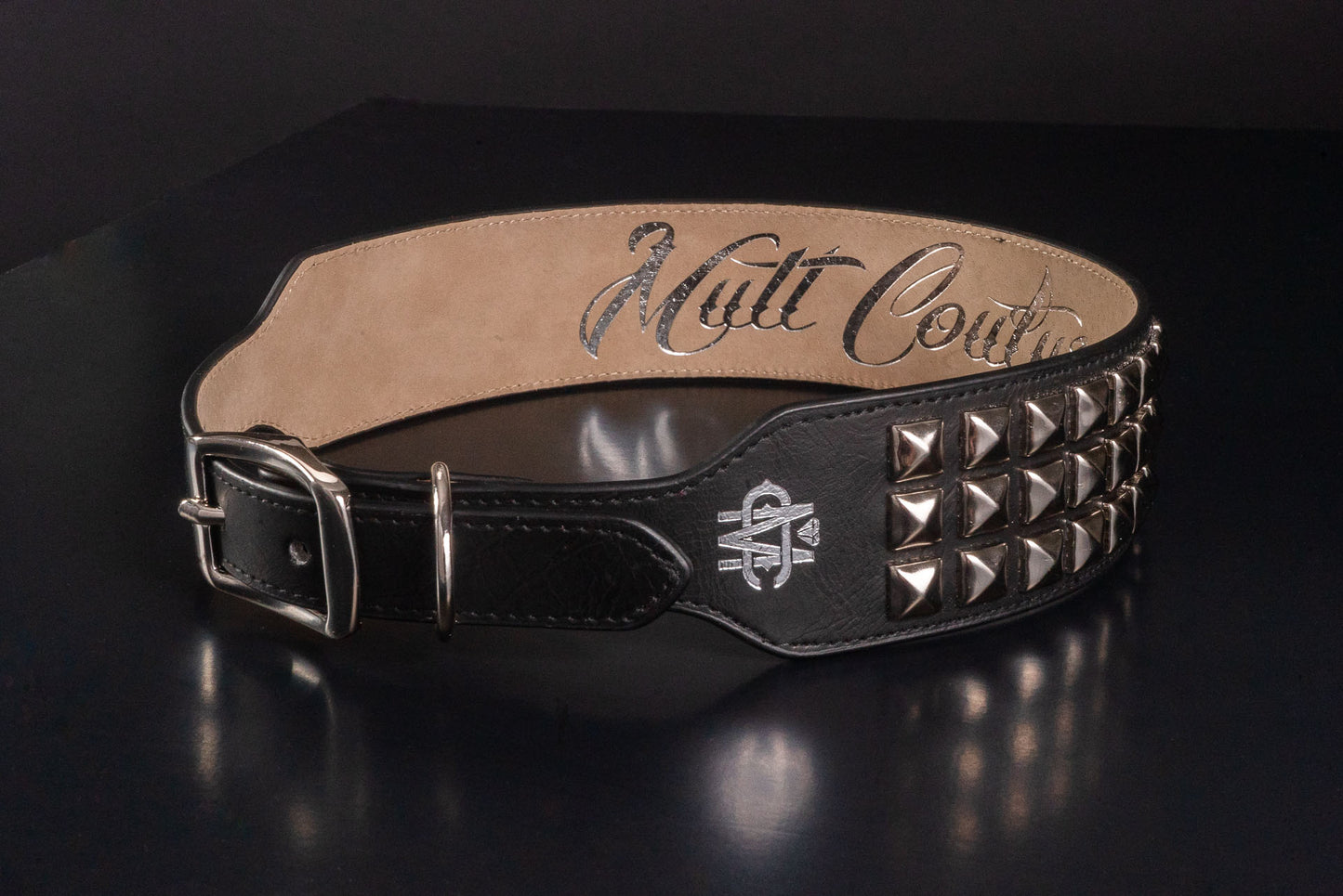 Black Leather Dog Collar with Chrome Studs