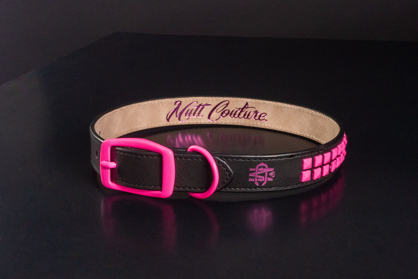 Black Leather Dog Collar With Pink Studs