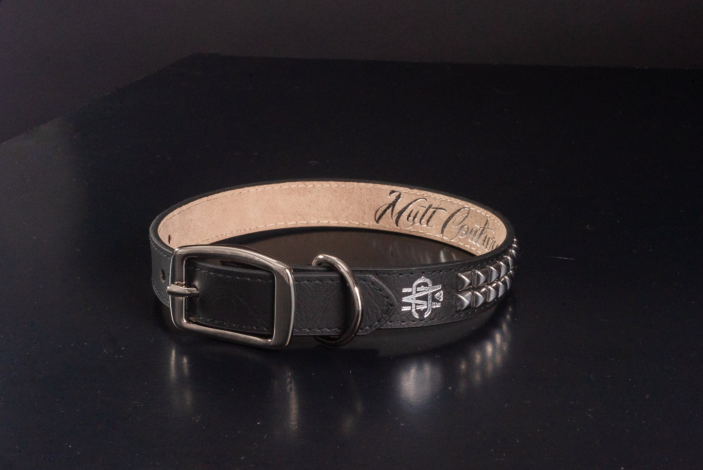 Black Leather Dog Collar with Chrome Studs