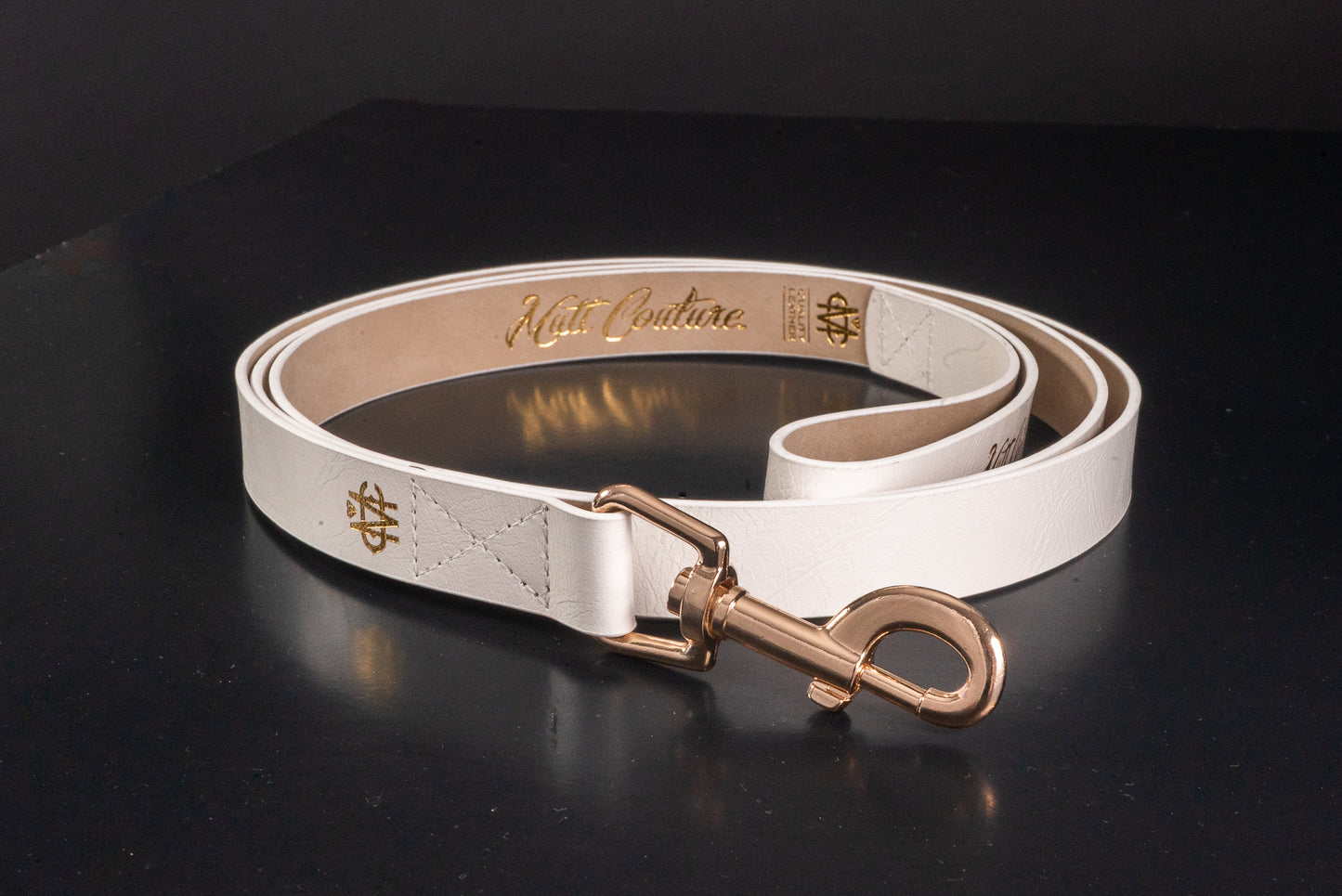 White Leather Dog Leash With Gold Hardware