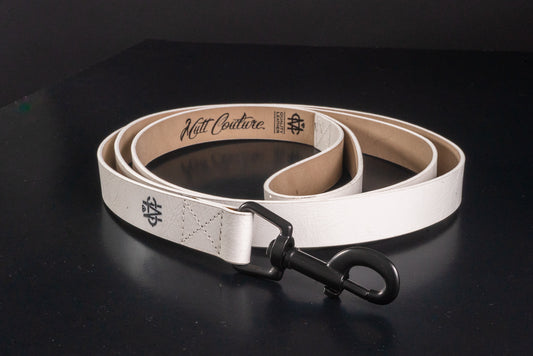 White Leather Dog Leash With Black Hardware