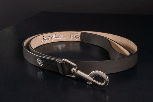 Black Leather Dog Leash With Chrome Hardware